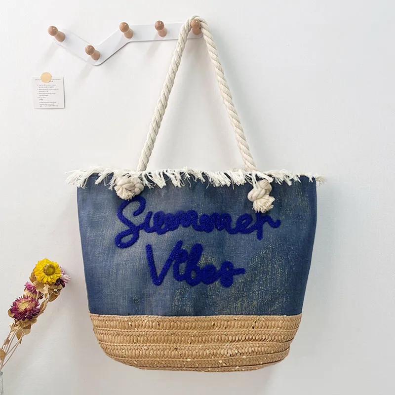 New Tassel Striped Shoulder Bag For Women, Large Capacity, Versatile And Fashionable Straw Beach Bag, Embroidered Letter Tote Bag display picture 6