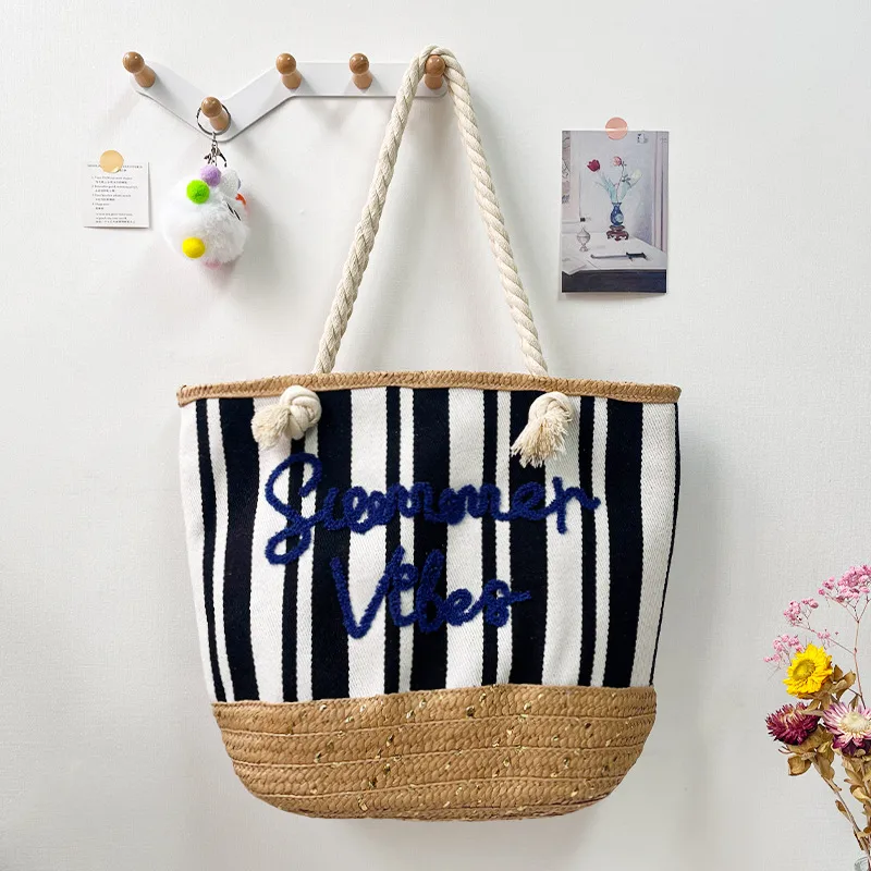 New Tassel Striped Shoulder Bag For Women, Large Capacity, Versatile And Fashionable Straw Beach Bag, Embroidered Letter Tote Bag display picture 7