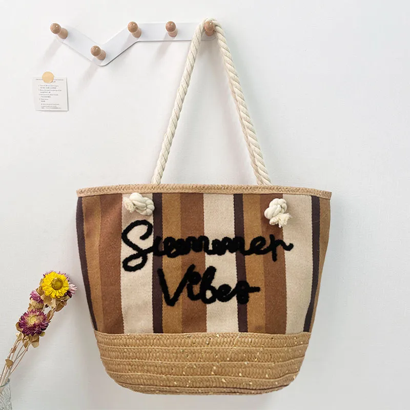 New Tassel Striped Shoulder Bag For Women, Large Capacity, Versatile And Fashionable Straw Beach Bag, Embroidered Letter Tote Bag display picture 8