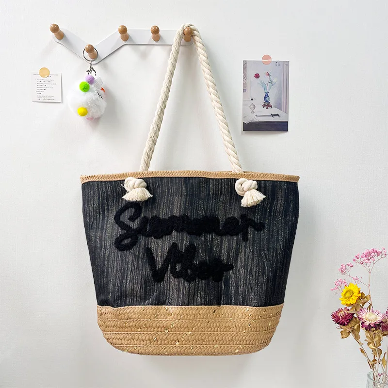 New Tassel Striped Shoulder Bag For Women, Large Capacity, Versatile And Fashionable Straw Beach Bag, Embroidered Letter Tote Bag display picture 9