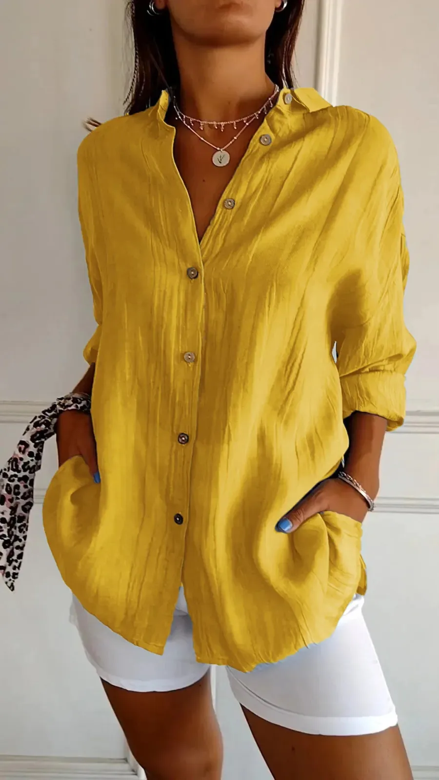 New Single-breasted Pleated Lapel Shirt Independent Station Explosions Women's Solid Color  Sleeve Top display picture 4