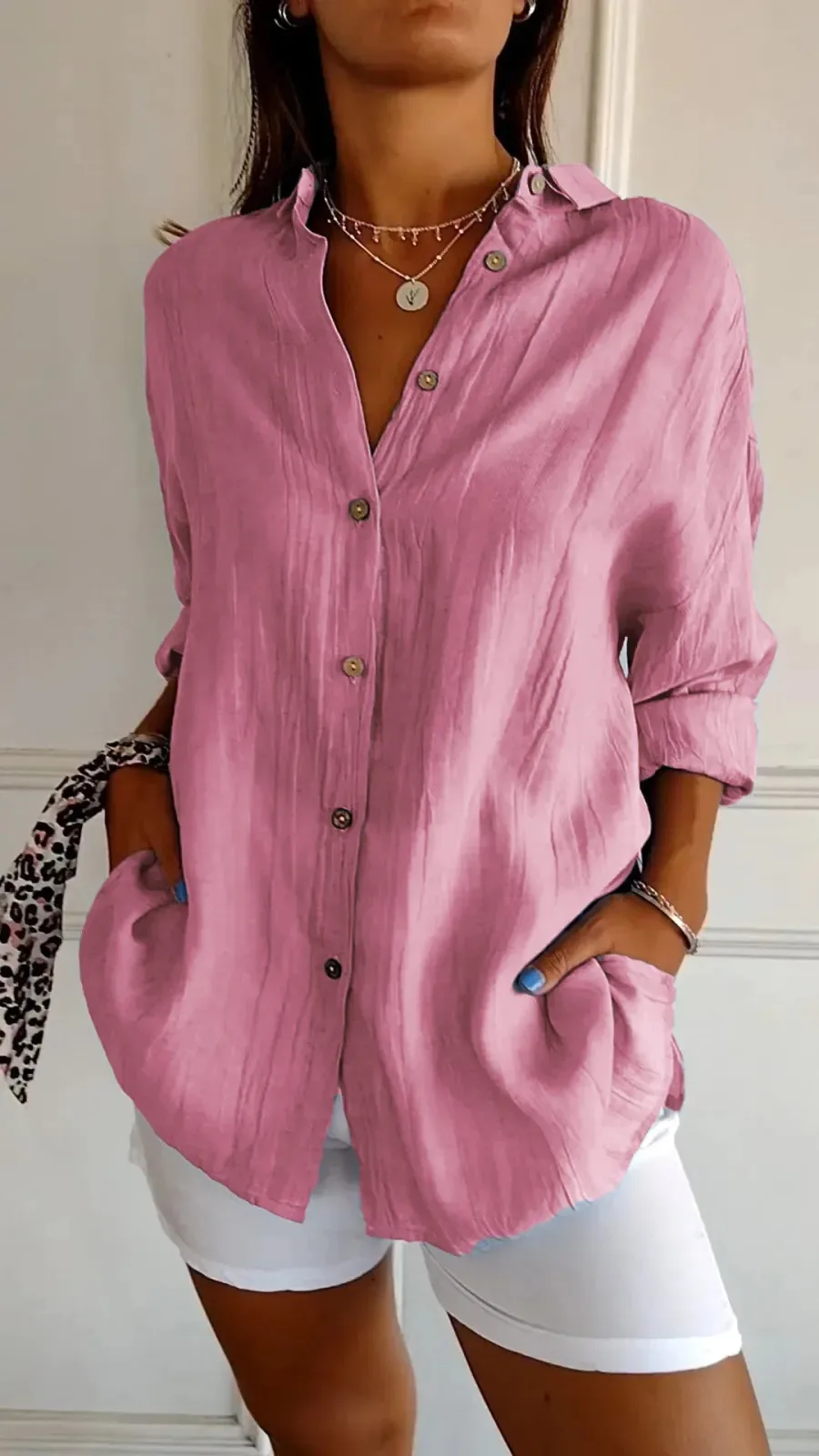New Single-breasted Pleated Lapel Shirt Independent Station Explosions Women's Solid Color  Sleeve Top display picture 5