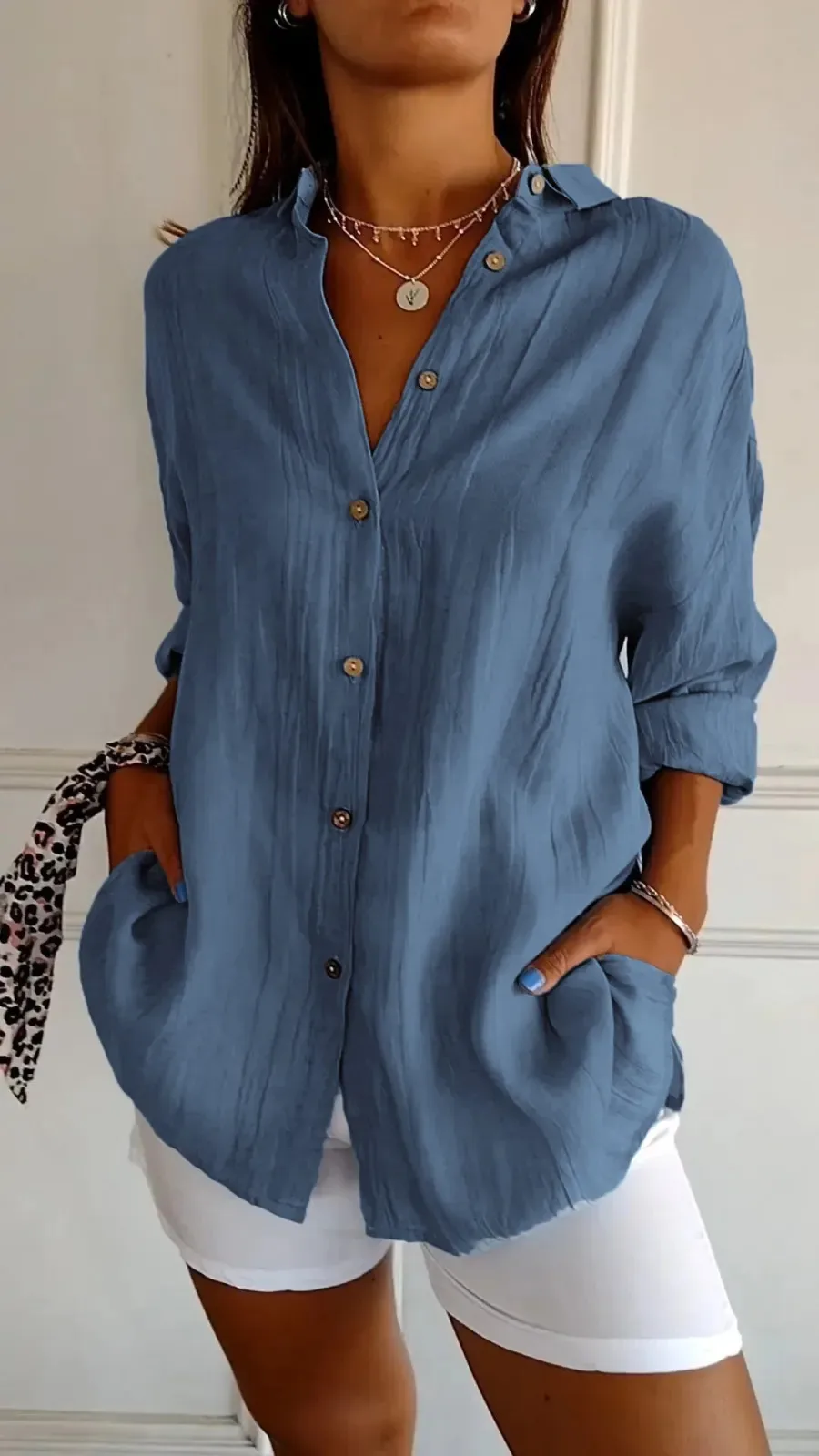 New Single-breasted Pleated Lapel Shirt Independent Station Explosions Women's Solid Color  Sleeve Top display picture 6