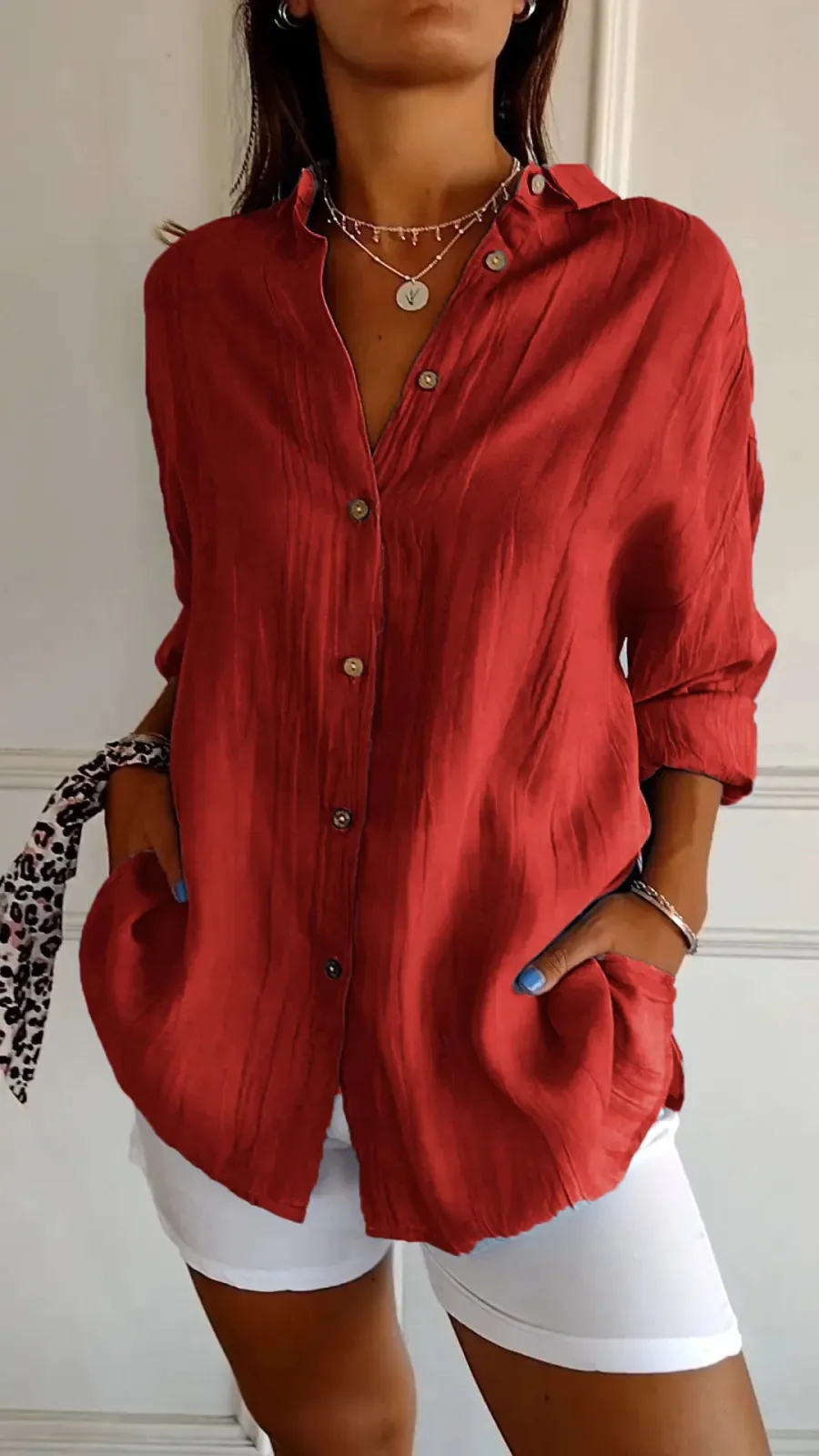 New Single-breasted Pleated Lapel Shirt Independent Station Explosions Women's Solid Color  Sleeve Top display picture 8