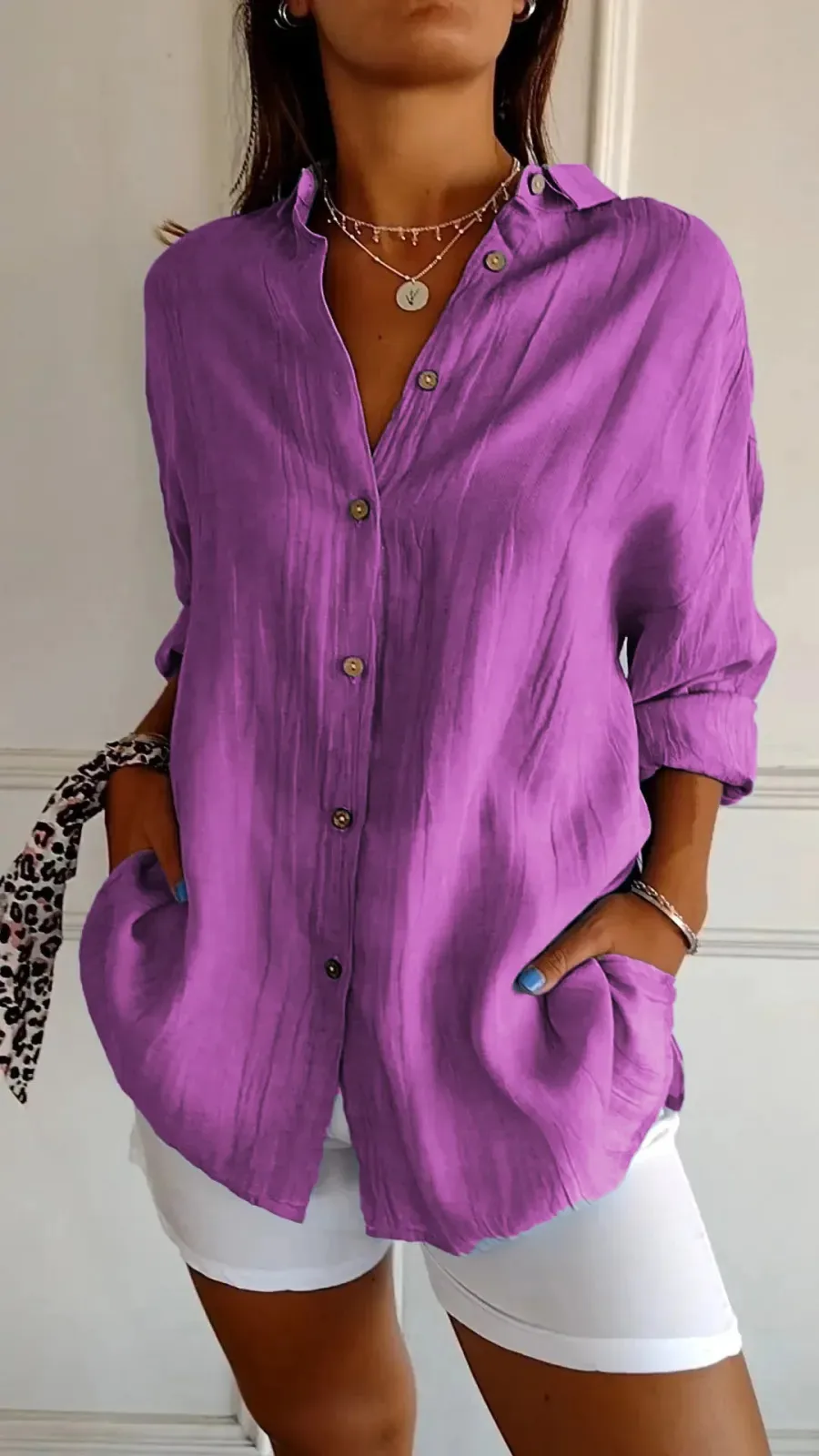 New Single-breasted Pleated Lapel Shirt Independent Station Explosions Women's Solid Color  Sleeve Top display picture 10