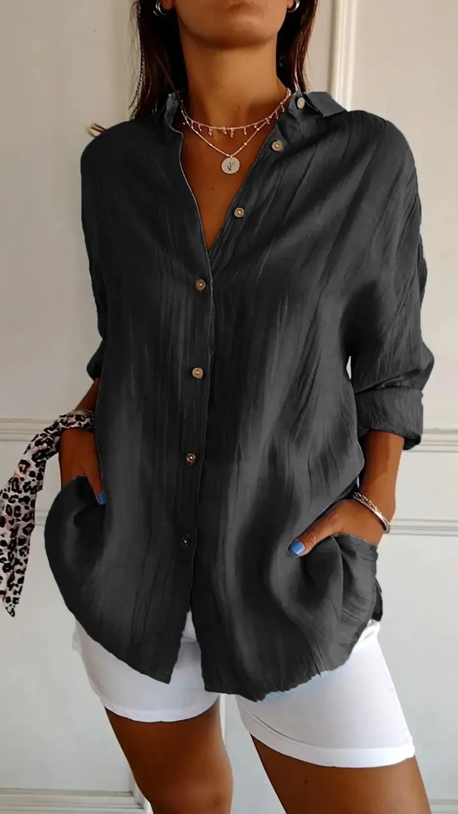 New Single-breasted Pleated Lapel Shirt Independent Station Explosions Women's Solid Color  Sleeve Top display picture 12