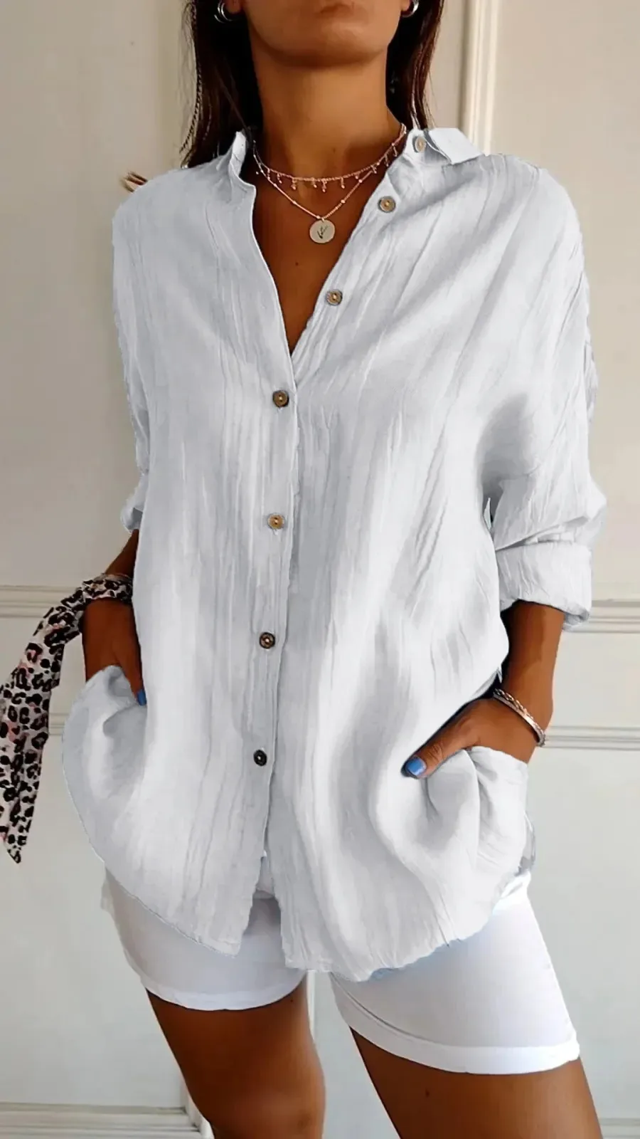New Single-breasted Pleated Lapel Shirt Independent Station Explosions Women's Solid Color  Sleeve Top display picture 13