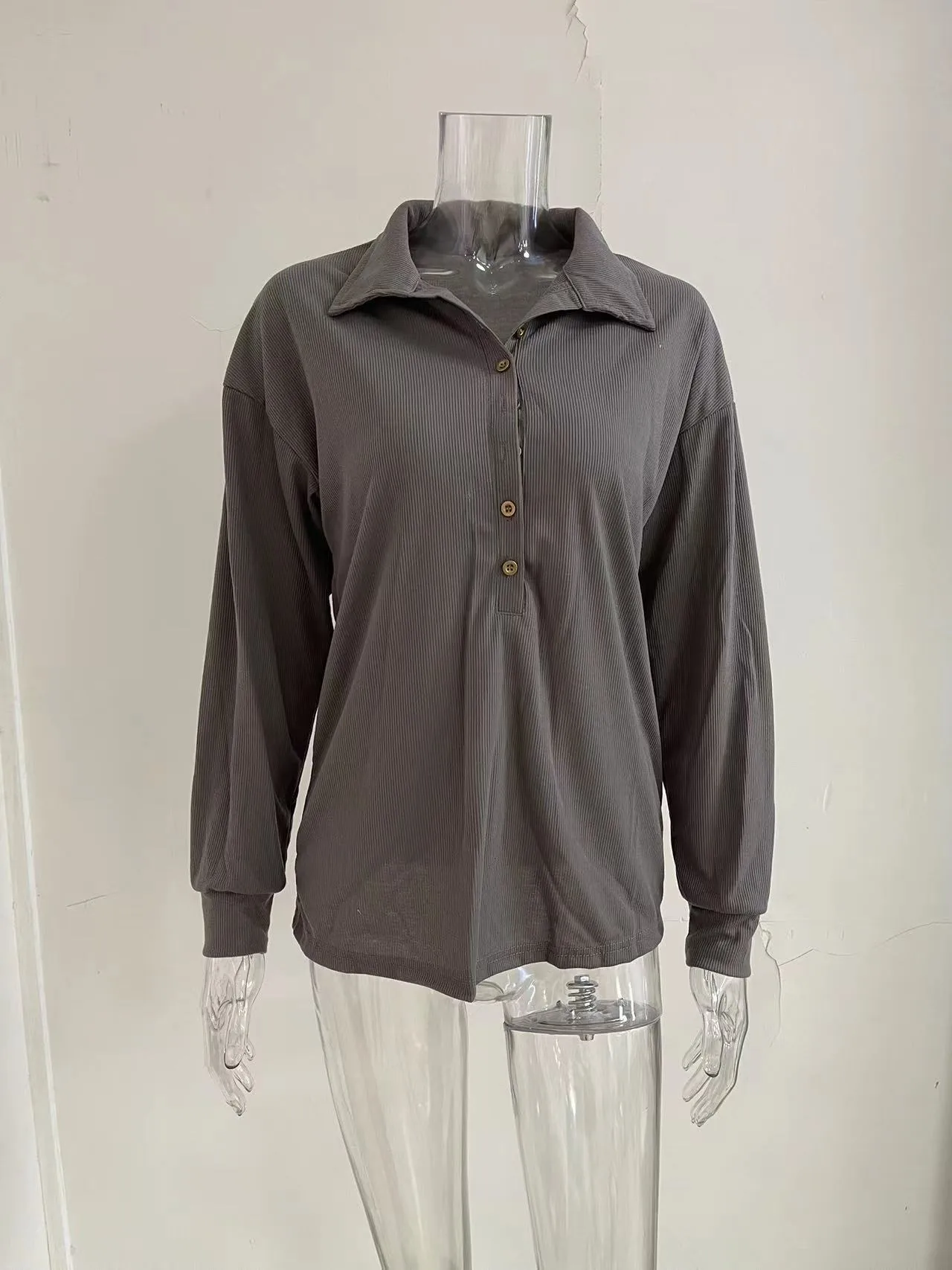 Solid Color Knitted Long-Sleeved Casual Shirt Women's Loose Design Classic Collar Single Button T-shirt Autumn And Winter New display picture 5