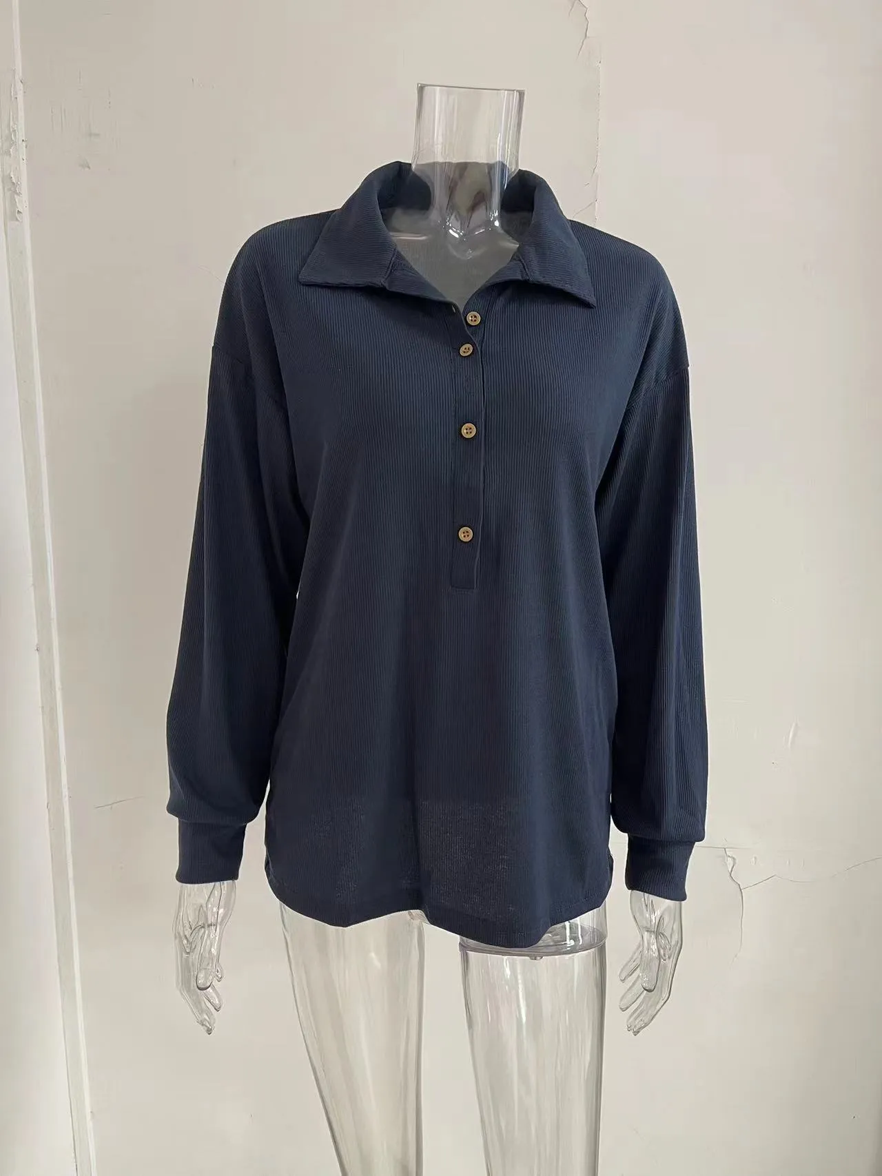 Solid Color Knitted Long-Sleeved Casual Shirt Women's Loose Design Classic Collar Single Button T-shirt Autumn And Winter New display picture 2