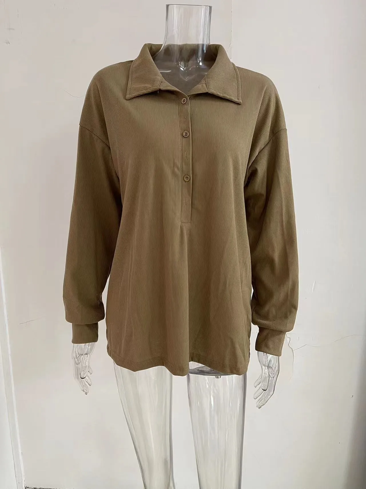 Solid Color Knitted Long-Sleeved Casual Shirt Women's Loose Design Classic Collar Single Button T-shirt Autumn And Winter New display picture 8