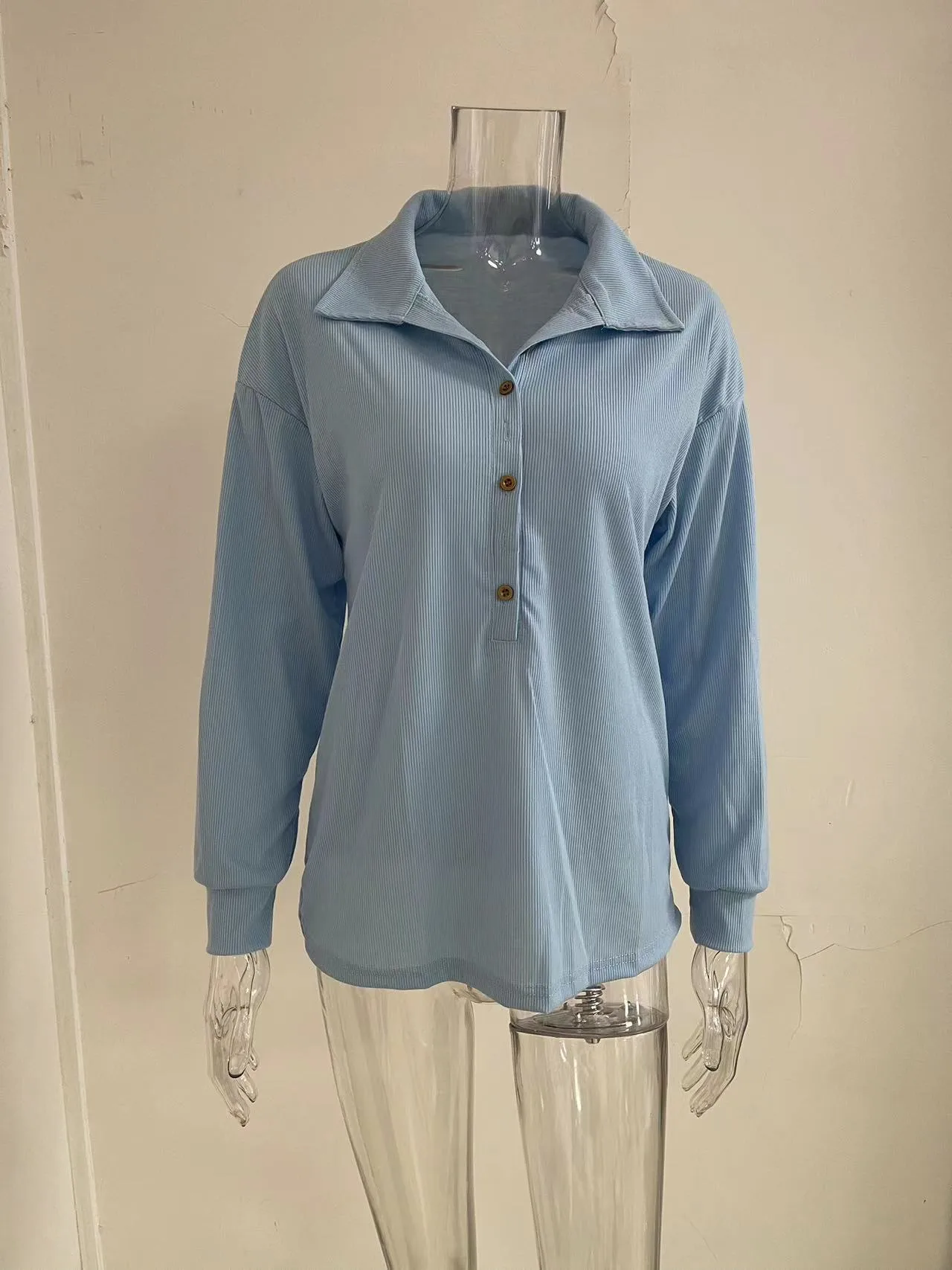 Solid Color Knitted Long-Sleeved Casual Shirt Women's Loose Design Classic Collar Single Button T-shirt Autumn And Winter New display picture 11
