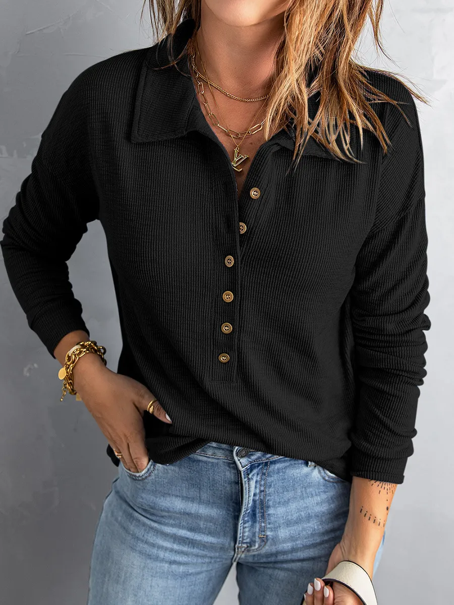 Solid Color Knitted Long-Sleeved Casual Shirt Women's Loose Design Classic Collar Single Button T-shirt Autumn And Winter New display picture 14