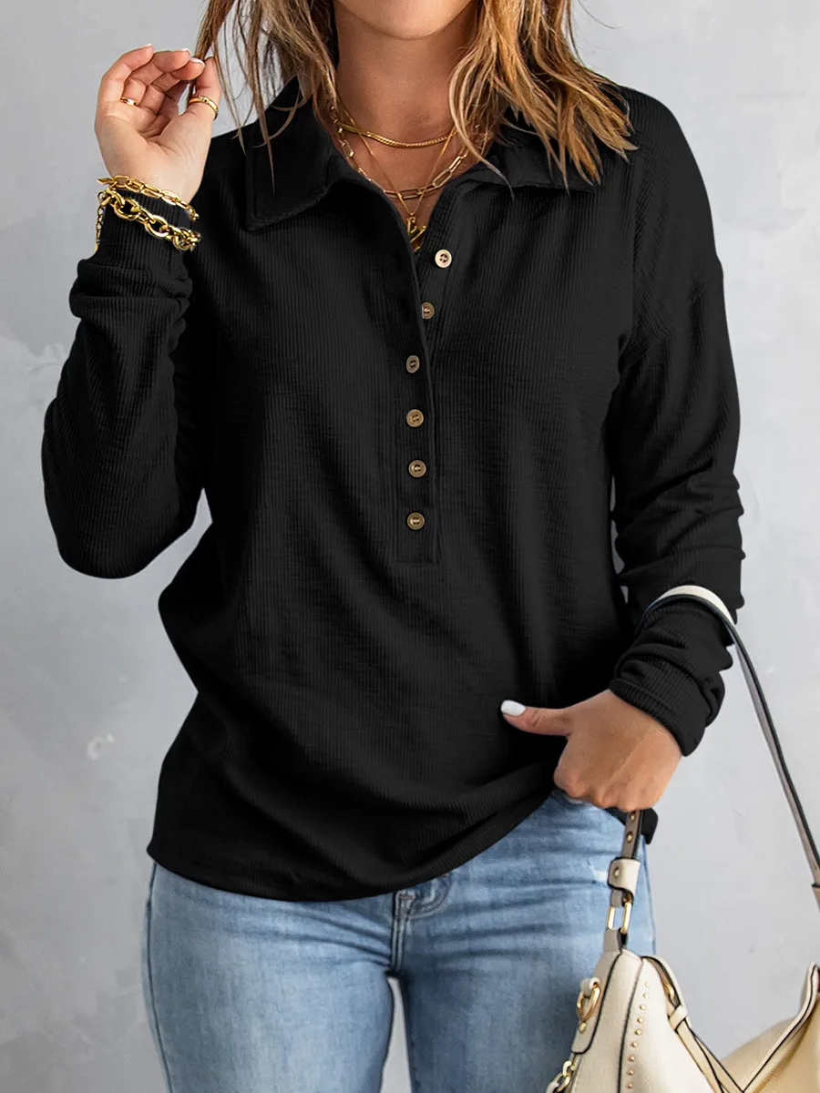 Solid Color Knitted Long-Sleeved Casual Shirt Women's Loose Design Classic Collar Single Button T-shirt Autumn And Winter New display picture 15