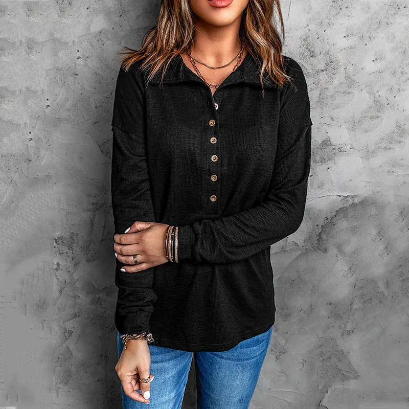 Solid Color Knitted Long-Sleeved Casual Shirt Women's Loose Design Classic Collar Single Button T-shirt Autumn And Winter New display picture 16