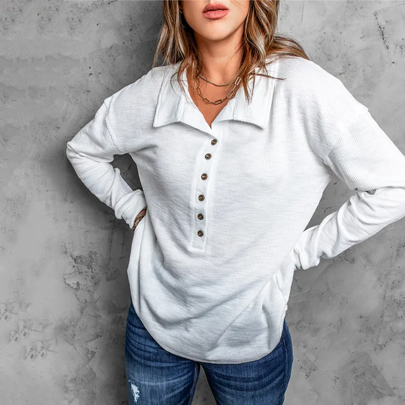 Solid Color Knitted Long-Sleeved Casual Shirt Women's Loose Design Classic Collar Single Button T-shirt Autumn And Winter New display picture 19
