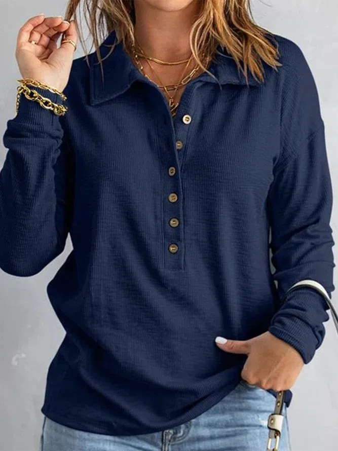 Solid Color Knitted Long-Sleeved Casual Shirt Women's Loose Design Classic Collar Single Button T-shirt Autumn And Winter New display picture 21