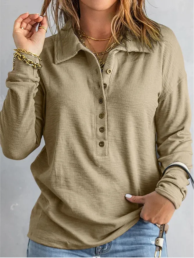 Solid Color Knitted Long-Sleeved Casual Shirt Women's Loose Design Classic Collar Single Button T-shirt Autumn And Winter New display picture 22