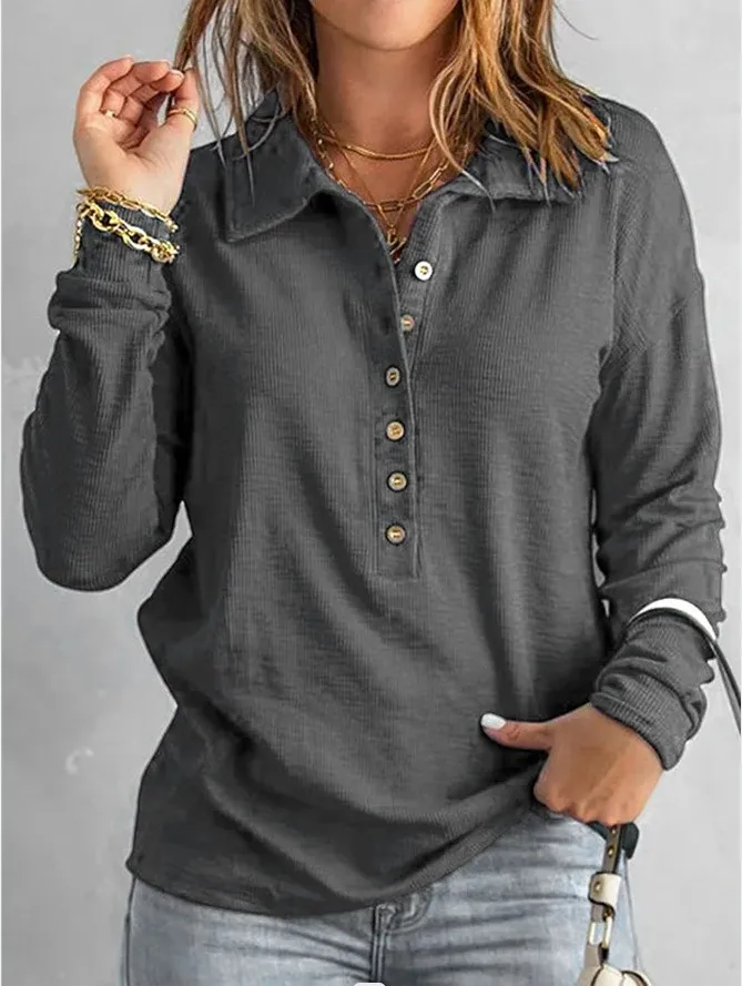 Solid Color Knitted Long-Sleeved Casual Shirt Women's Loose Design Classic Collar Single Button T-shirt Autumn And Winter New display picture 23