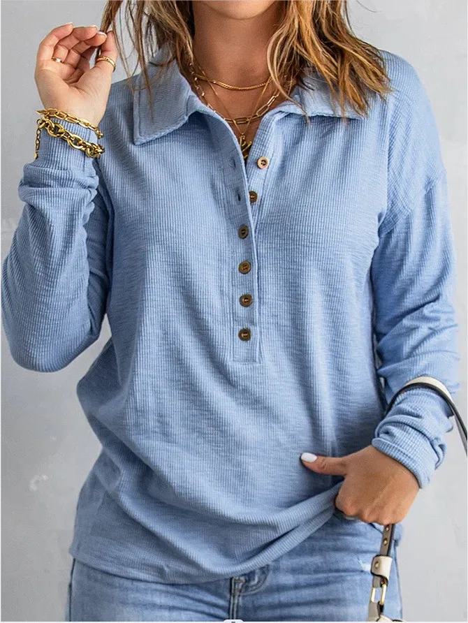 Solid Color Knitted Long-Sleeved Casual Shirt Women's Loose Design Classic Collar Single Button T-shirt Autumn And Winter New display picture 24