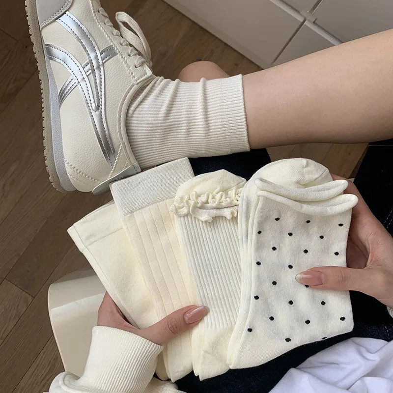 Milk White Mid-length Stockings Spring And Summer All-match Solid Color Stacking Stockings Autumn Stockings Wave Dot Ear Edge Moon Socks Foreign Trade display picture 2