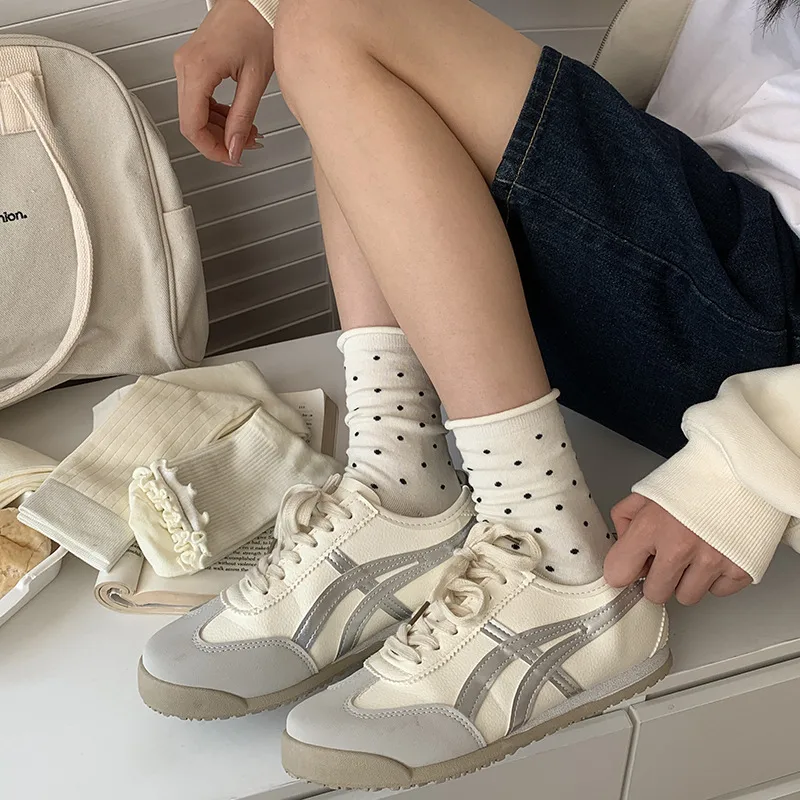 Milk White Mid-length Stockings Spring And Summer All-match Solid Color Stacking Stockings Autumn Stockings Wave Dot Ear Edge Moon Socks Foreign Trade display picture 4