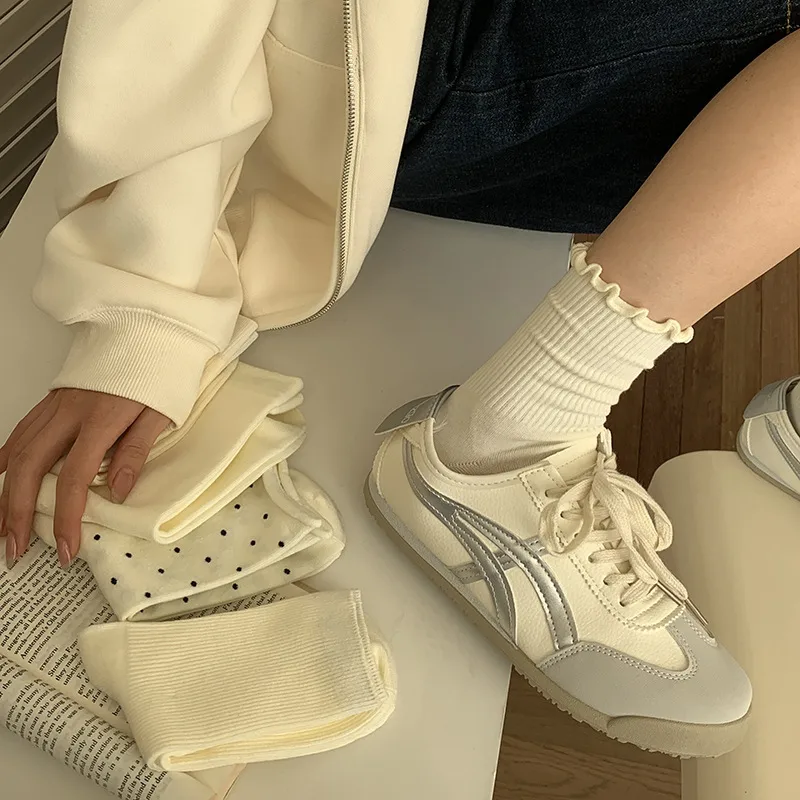 Milk White Mid-length Stockings Spring And Summer All-match Solid Color Stacking Stockings Autumn Stockings Wave Dot Ear Edge Moon Socks Foreign Trade display picture 5