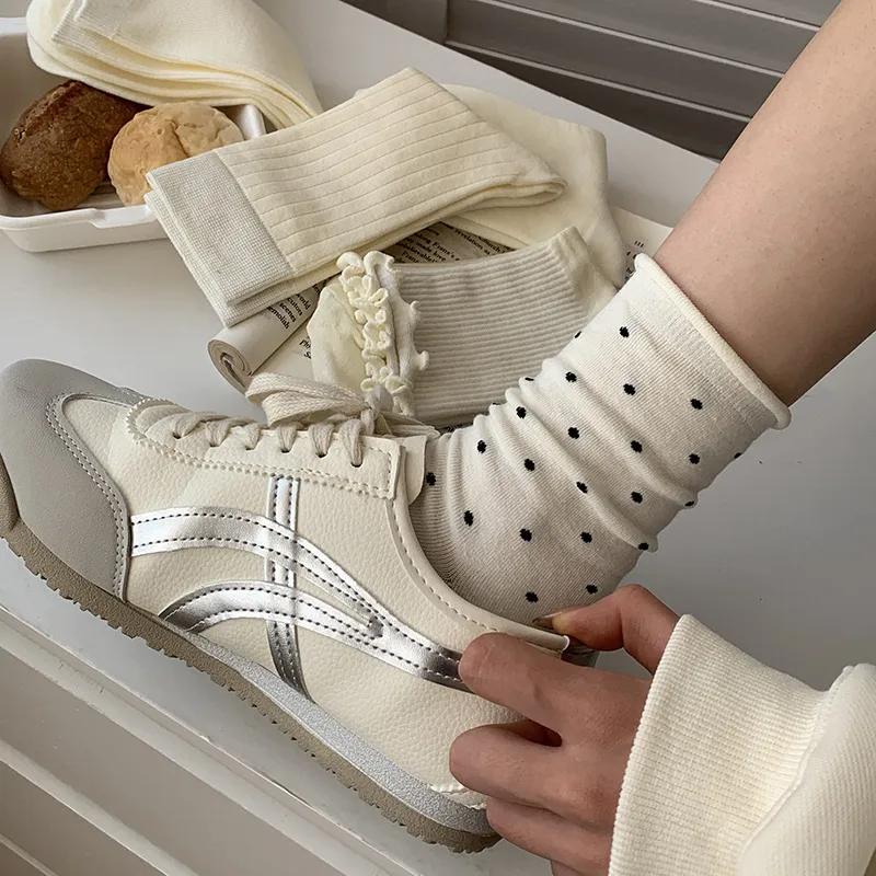 Milk White Mid-length Stockings Spring And Summer All-match Solid Color Stacking Stockings Autumn Stockings Wave Dot Ear Edge Moon Socks Foreign Trade display picture 3