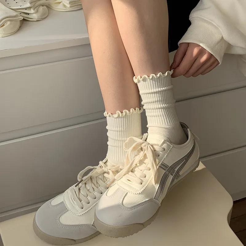 Milk White Mid-length Stockings Spring And Summer All-match Solid Color Stacking Stockings Autumn Stockings Wave Dot Ear Edge Moon Socks Foreign Trade display picture 6