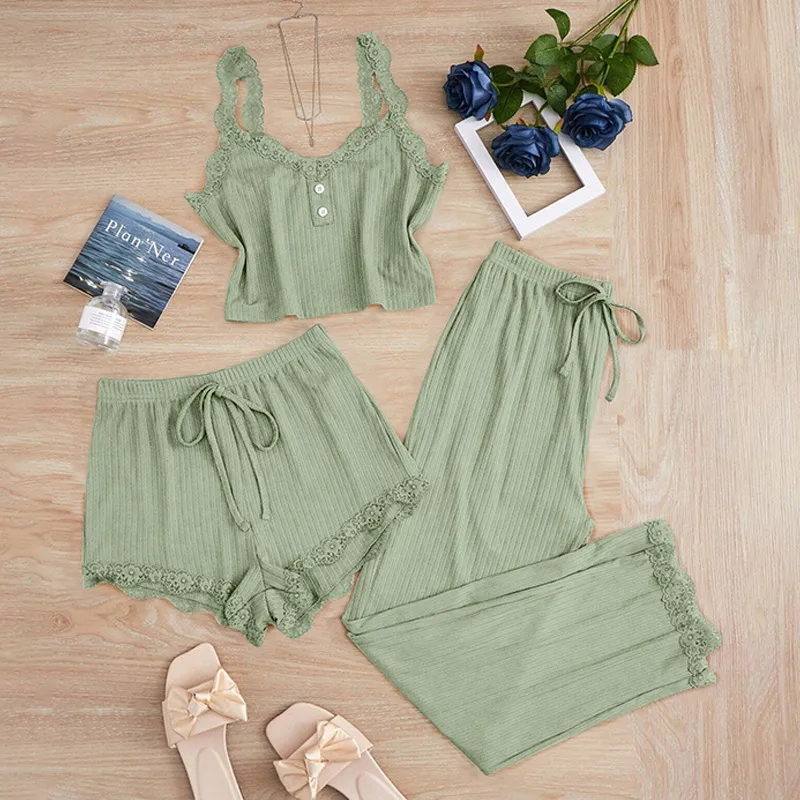 Europe And The United States  Foreign Trade New Lace Lace Pit Vest Trousers Pajamas Women Wear Slim Three-piece Suit display picture 7