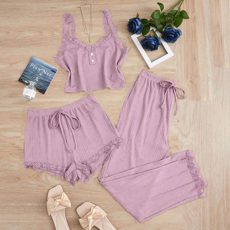 Europe And The United States  Foreign Trade New Lace Lace Pit Vest Trousers Pajamas Women Wear Slim Three-piece Suit display picture 1