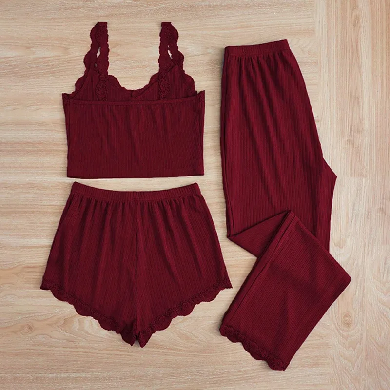 Europe And The United States  Foreign Trade New Lace Lace Pit Vest Trousers Pajamas Women Wear Slim Three-piece Suit display picture 3
