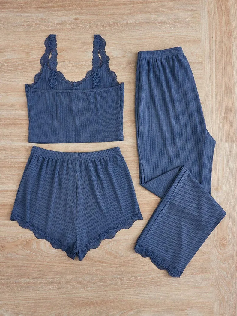 Europe And The United States  Foreign Trade New Lace Lace Pit Vest Trousers Pajamas Women Wear Slim Three-piece Suit display picture 5