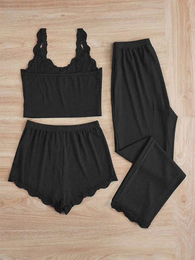 Europe And The United States  Foreign Trade New Lace Lace Pit Vest Trousers Pajamas Women Wear Slim Three-piece Suit display picture 9
