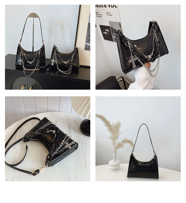 Subculture Dark Punk Armpit Bag Women's Bag Skull Shoulder Bag Y2K Sexy Chain Crocodile Pattern Crossbody Bag display picture 2