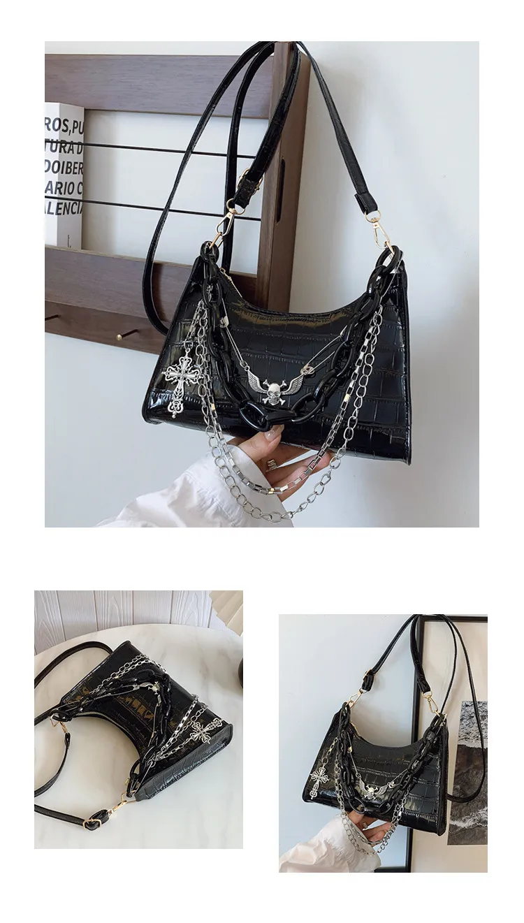 Subculture Dark Punk Armpit Bag Women's Bag Skull Shoulder Bag Y2K Sexy Chain Crocodile Pattern Crossbody Bag display picture 14