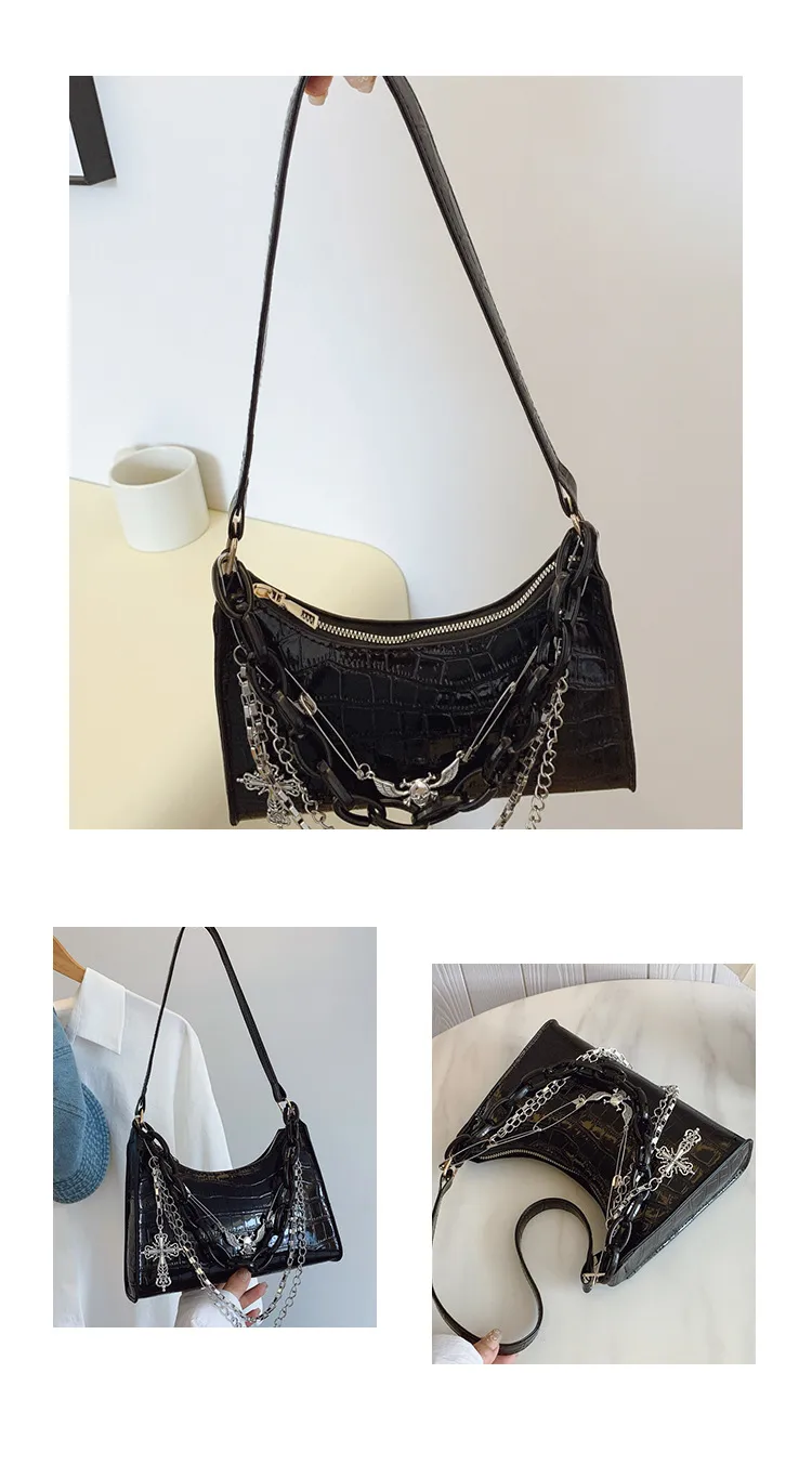 Subculture Dark Punk Armpit Bag Women's Bag Skull Shoulder Bag Y2K Sexy Chain Crocodile Pattern Crossbody Bag display picture 15