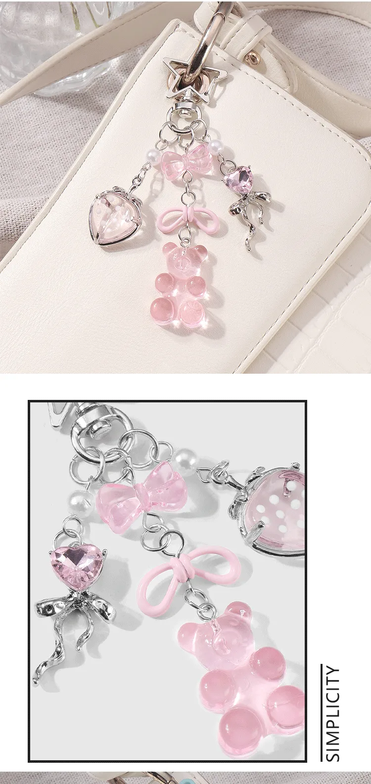 New Ins Exquisite And Cute High-Looking Multi-Color Resin Flocking Bear Heart Star Strawberry DIY Keychain display picture 1