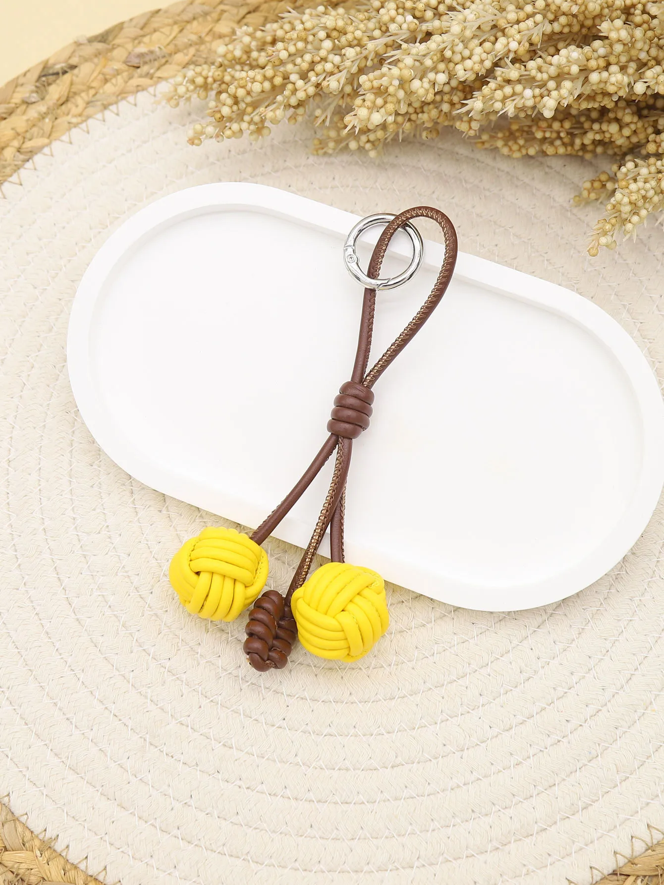Handmade DIY Contrast Color Miu Series Woven Cherry Pu Leather Double Spherical Bag Hanging Hanging Piece Pendant Key Chain Accessories display picture 4