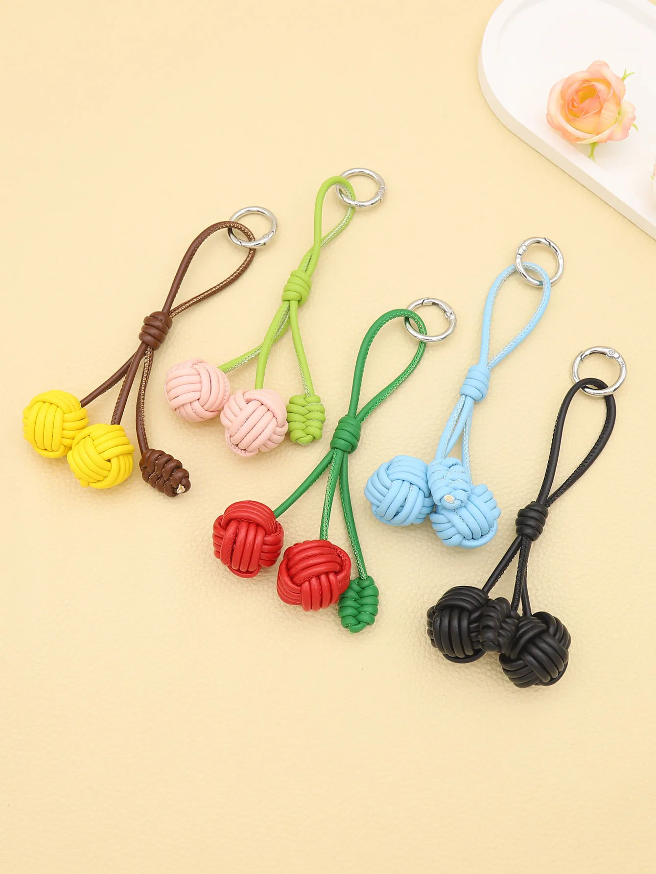 Handmade DIY Contrast Color Miu Series Woven Cherry Pu Leather Double Spherical Bag Hanging Hanging Piece Pendant Key Chain Accessories display picture 6