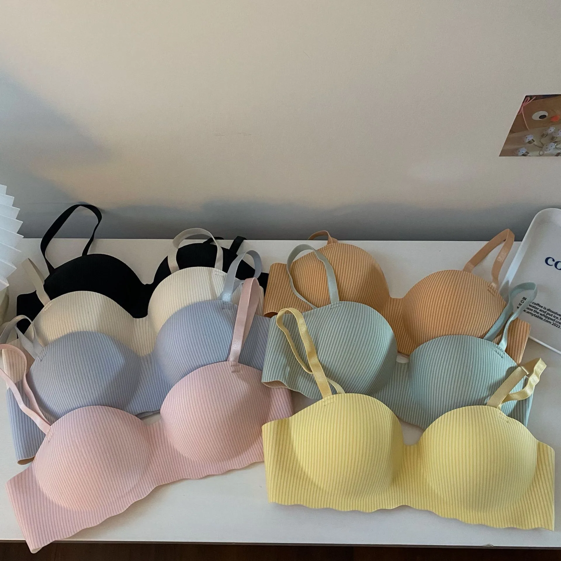 New And New Style Foreign Trade Thin Cocktail Underwear Women's Small Chest Gathered Striped Half Cup Non-Steel Rings Breast Bra display picture 4