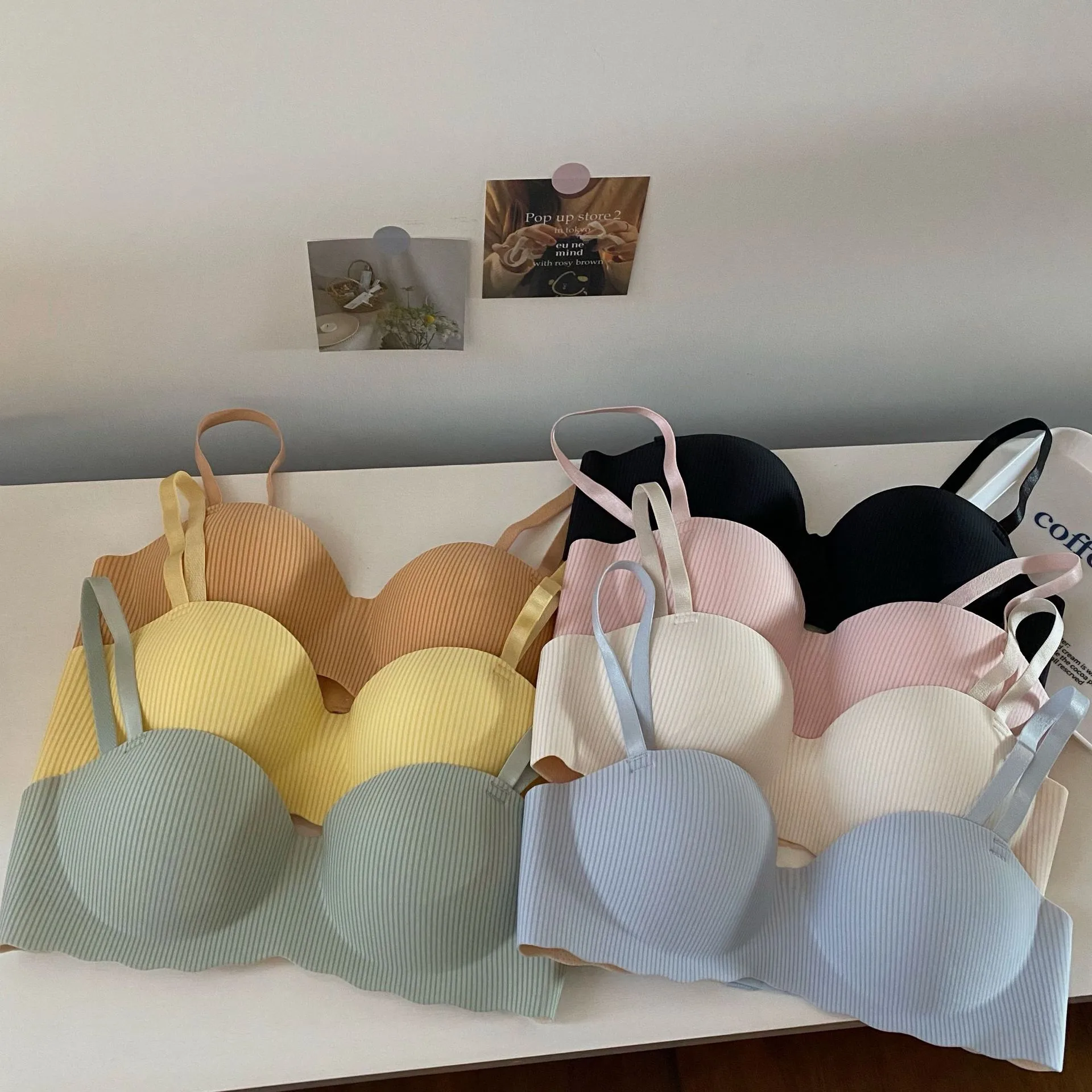 New And New Style Foreign Trade Thin Cocktail Underwear Women's Small Chest Gathered Striped Half Cup Non-Steel Rings Breast Bra display picture 7