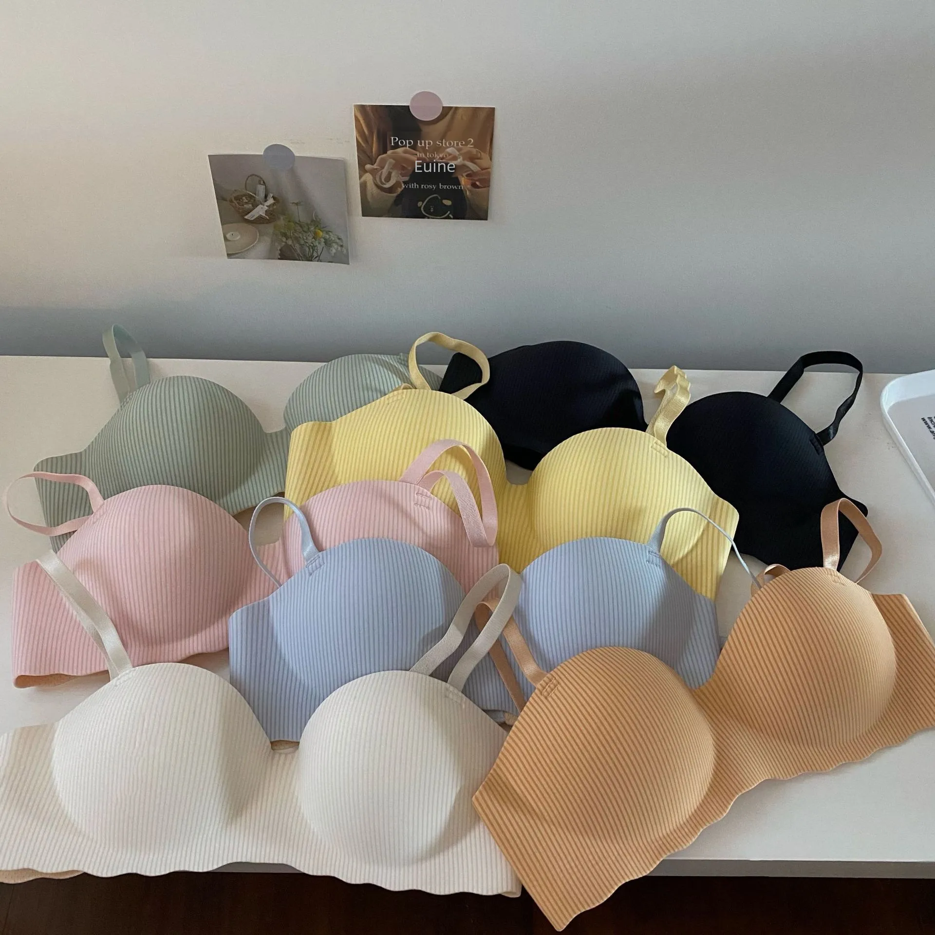 New And New Style Foreign Trade Thin Cocktail Underwear Women's Small Chest Gathered Striped Half Cup Non-Steel Rings Breast Bra display picture 8