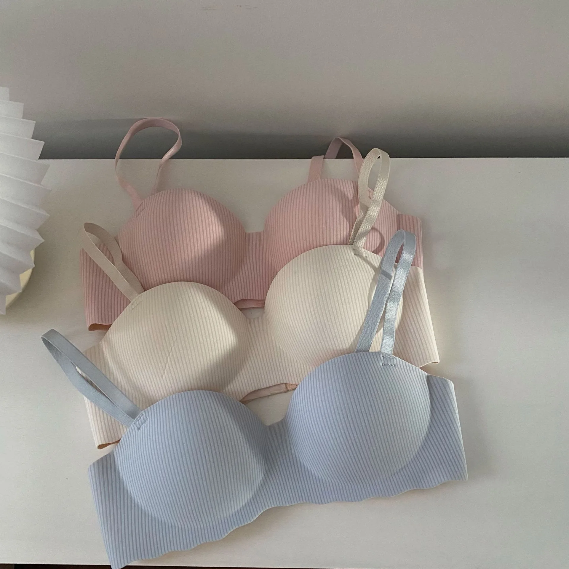 New And New Style Foreign Trade Thin Cocktail Underwear Women's Small Chest Gathered Striped Half Cup Non-Steel Rings Breast Bra display picture 9