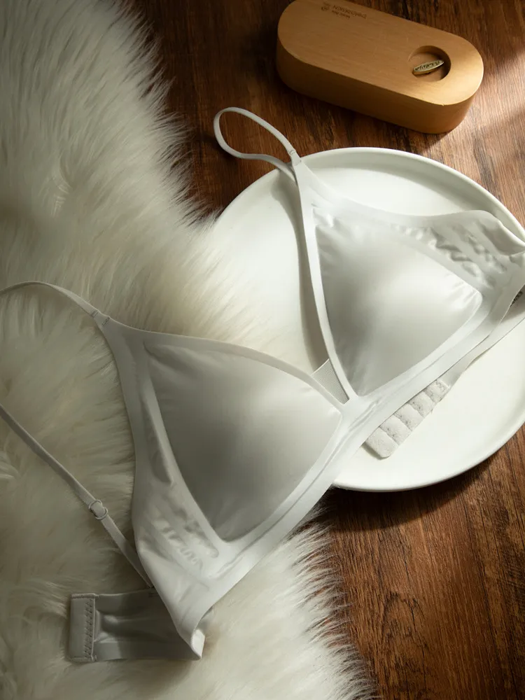CynL Milk Satin French Style Deep V-neck Underwear Women's Summer Thin Shoulder Strap Non-marking Triangle Cup Small Chest Non-rimless Thin Bra display picture 16