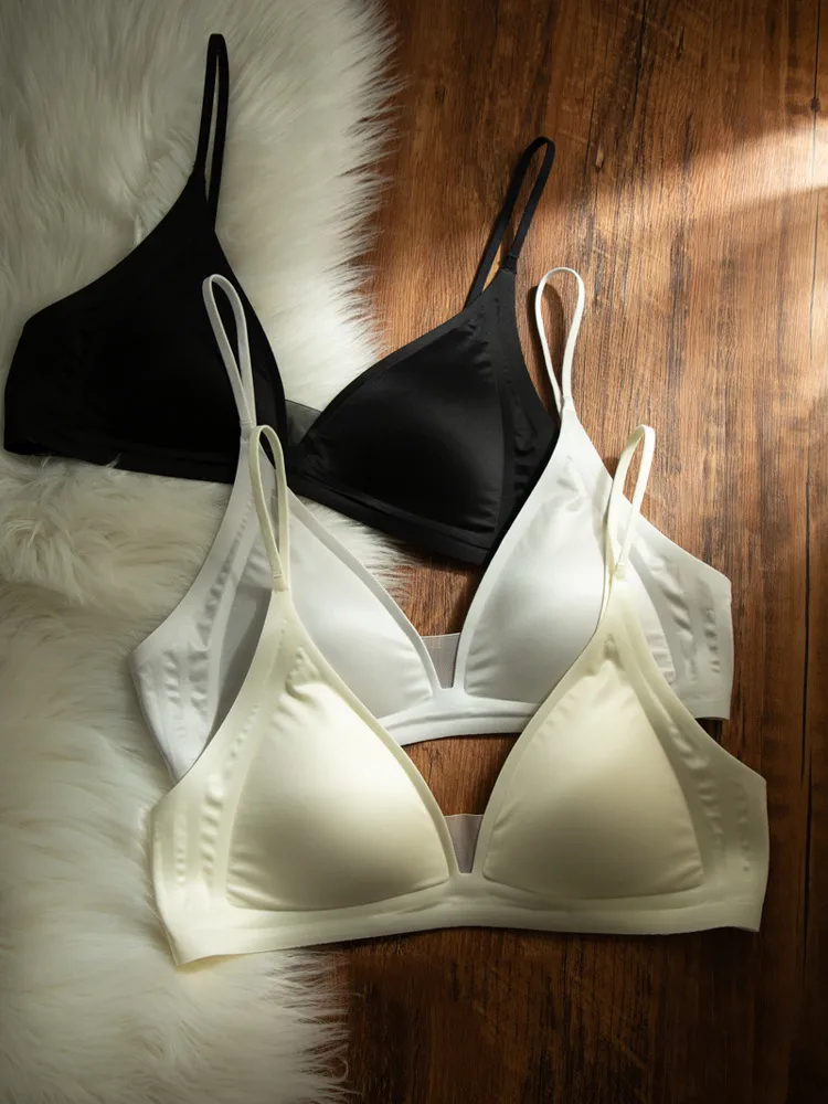 CynL Milk Satin French Style Deep V-neck Underwear Women's Summer Thin Shoulder Strap Non-marking Triangle Cup Small Chest Non-rimless Thin Bra display picture 17