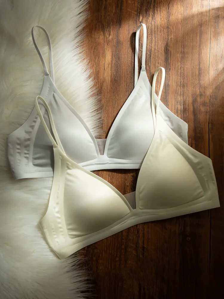 CynL Milk Satin French Style Deep V-neck Underwear Women's Summer Thin Shoulder Strap Non-marking Triangle Cup Small Chest Non-rimless Thin Bra display picture 19