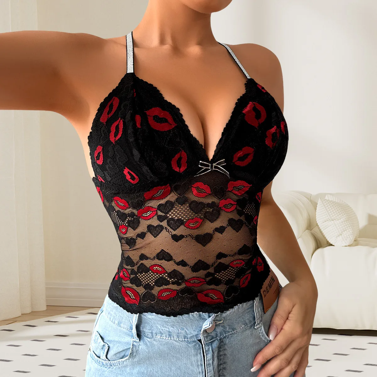 French Style Lace Back Sling Underwear Women's Spring And Summer Thin Deep V Lip Print Inner Base Medium And Long Underwear display picture 3