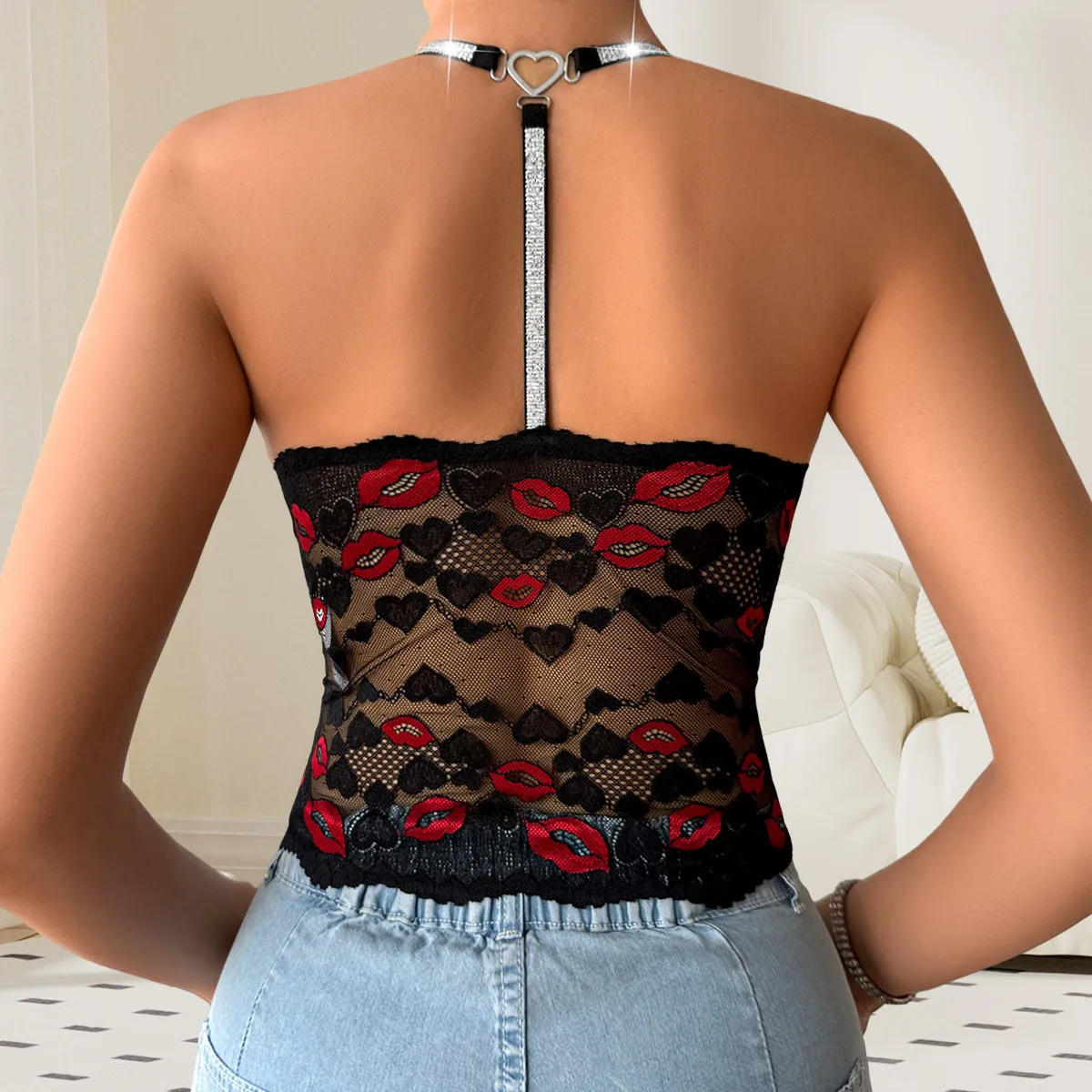 French Style Lace Back Sling Underwear Women's Spring And Summer Thin Deep V Lip Print Inner Base Medium And Long Underwear display picture 1