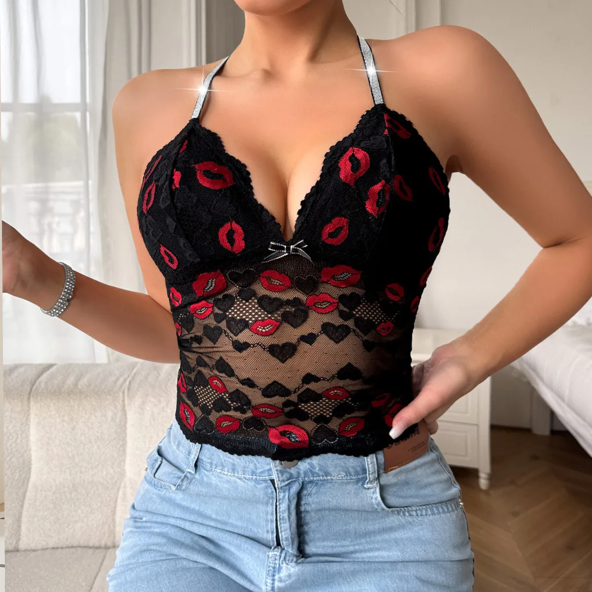 French Style Lace Back Sling Underwear Women's Spring And Summer Thin Deep V Lip Print Inner Base Medium And Long Underwear display picture 5