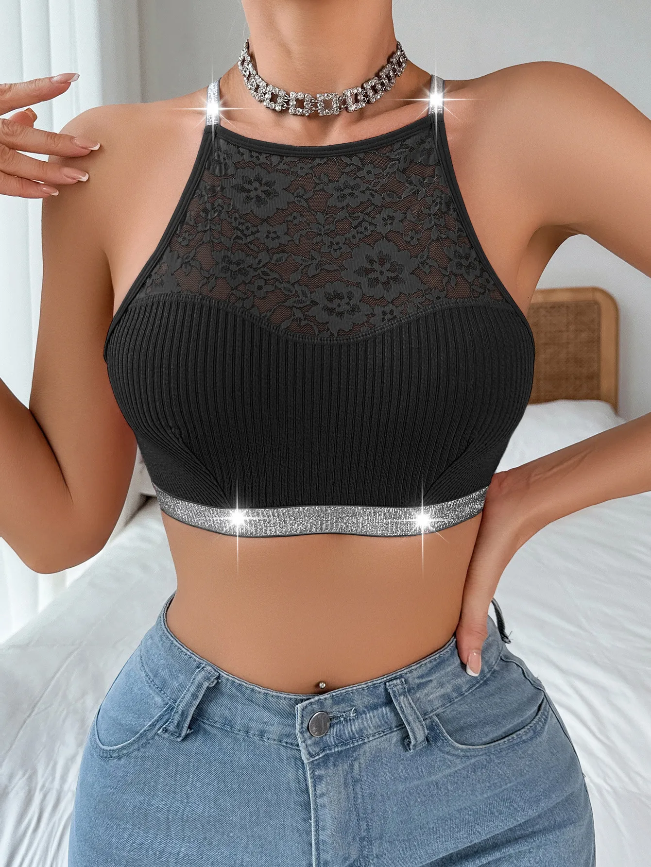 Underwear Vest Bra Lace Stitching Halter Silver Ribbon Large Backless Outer Wearing New Bra In Stock display picture 1